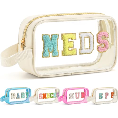 Kacctyen Medicine Bag for Travel Chenille Patch Meds Bags Pill Pouch Portable Makeup Cases Preppy Patch with Zipper Cosmetic Travel Toiletry Storage for Women - color: White, style: Meds