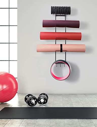 5-Tiers Yoga Mat Holder Wall Mount, Metal Storage Rack for Yoga Mat/Wheels, Foam Roller and Block etcs, Wall Rack Organizer with 3-Hooks for Hanging Stretching Strap & Resistance Bands（2 Pack）