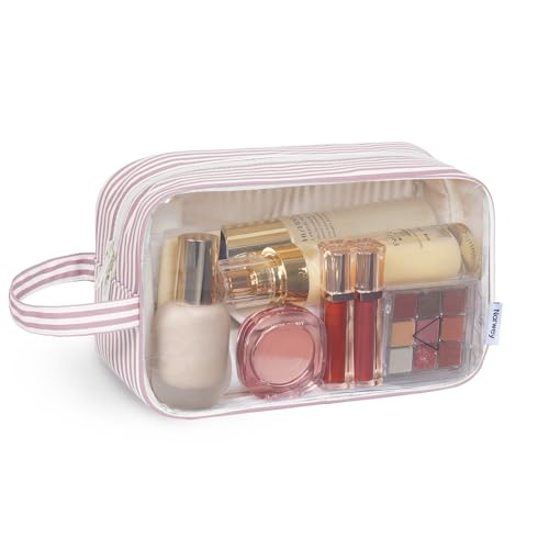Narwey Clear Toiletry Bags for Traveling Women Men, Clear Travel Bags for Toiletries Makeup Bag Cosmetic Bag with Zipper, Make Up Organizer, Skincare Bag (Dusty Pink Stripe) - color: YB-Dusty Pink Stripe