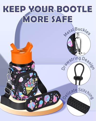 Miss Adola Water Bottle Carrier with Strap - Insulated Kids Water Bottle Holder for Boys Girls Bottle Bag for 10-18Oz - color: Rainbow Ice Cream