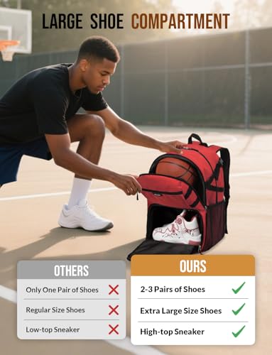 Basketball Backpack with Shoe Compartment Large Basketball Bag with Ball Holder for Men Women Gym Backpack fit Volleyball Football for Sports Travel Gym - Red - color: Red