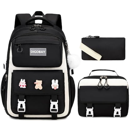 DIGOBAY 3PCS Girls Backpack for School, Large Kids Backpack for Girls with Lunch Box Pencil Case Set for Teen Girl Elementary Primary Middle High College School Bookbag with Cute Pins (Black-beige) - color: Black-beige