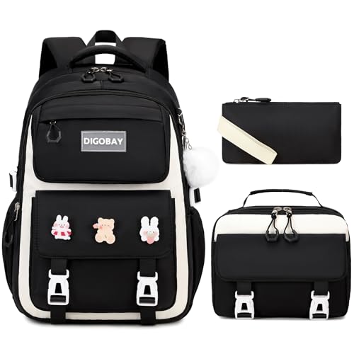 DIGOBAY 3PCS Girls Backpack for School, Large Kids Backpack for Girls with Lunch Box Pencil Case Set for Teen Girl Elementary Primary Middle High College School Bookbag with Cute Pins (Black-beige) - color: Black-beige