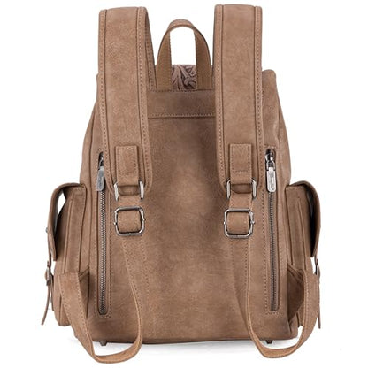 Montana West Wrangler Backpack Purse for Women Men Western Backpack Floral Tooled Travel Bags - color: Carve Khaki