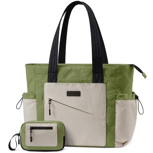 LOVEVOOK Tote Bag for Women, puffer tote bag for Work Travel Nurse, Lightweight quilted Bags with Compartments - color: M-15.6 Inch-green-beige-black