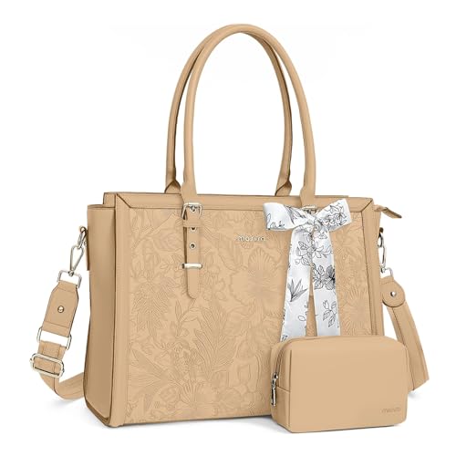 MOSISO Laptop Bag for Women, 15.6-16 inch PU Leather Tote Bag Compatible with MacBook, HP, Dell, Asus Notebook, Front Embossed Retro Hibiscus Computer Bags with Silk Scarf&Clutch Purse, Apricot - color: Apricot, size: 16 inch