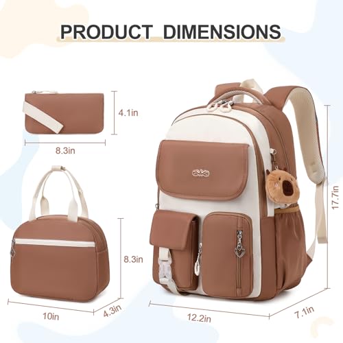 DIGOBAY Backpacks for Girls, 3PCS School Backpack with Lunch Box Pencil Pouch for Teen Girls Kids Elementary Primary Middle High College Travel School bag Bookbag Set （Brown - color: Brown