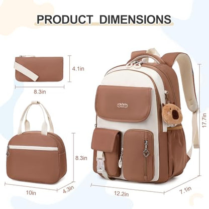 DIGOBAY Backpacks for Girls, 3PCS School Backpack with Lunch Box Pencil Pouch for Teen Girls Kids Elementary Primary Middle High College Travel School bag Bookbag Set （Brown - color: Brown