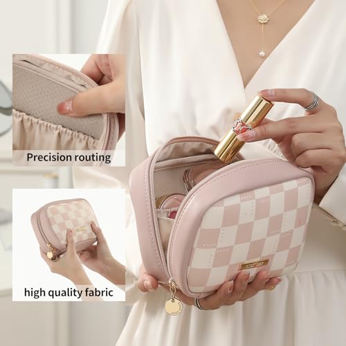 RIGHT AWAY Makeup Bag,Travel Cosmetic Bag Organizer with Zipper,Waterproof Toiletry Bags Makeup Pouch for Purse, Small Make Up Bag &Cases with Compartments for Women Girls（Pink Checkerboard） - color: AH-Pink Checkered