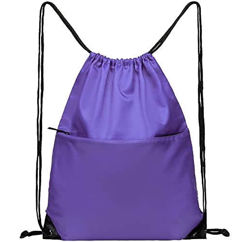 Drawstring Backpack Sports Water Resistant String Bag Sport Gym Sackpack for Women Men Large with Zipper, Purple - color: Purple
