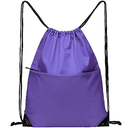 Drawstring Backpack Sports Water Resistant String Bag Sport Gym Sackpack for Women Men Large with Zipper, Purple - color: Purple