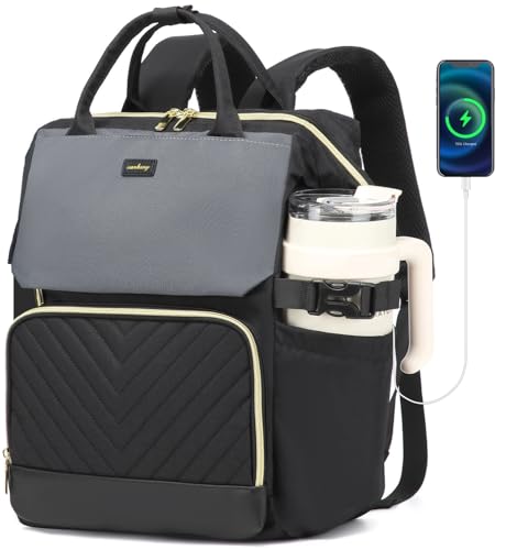 Computer Backpack for Women, Work Bag Laptop Bookbag with Cup Holder & USB Charger for Teacher Nurse College Travel Back Pack, Gifts, Black Gray - color: Black Gray, size: 15.6in