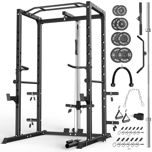 ULTRA FUEGO Power Cage, Multi-Functional Power Rack with J-Hooks, Dip Handles, Landmine Attachment and Optional Cable Pulley System for Home Gym - size: 240LB Weights Package,black