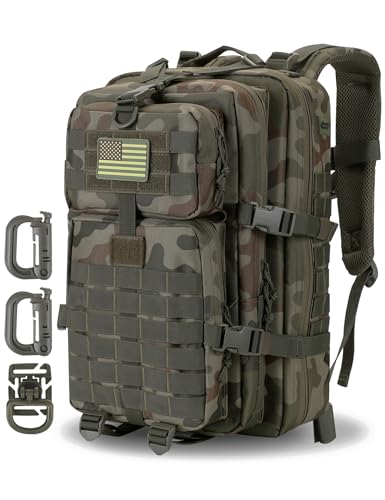 Hannibal Tactical MOLLE Assault Backpack, Tactical Backpack Military Army Camping Rucksack, 3-Day Pack Trip w/USA Flag Patch, D-Rings, Polish Camo - color: Polish Camo