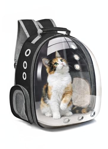 Bubble Backpack Pet Carrier for Cats & Small Dogs up to 17 lbs – Ventilated Clear Capsule Backpack with Mesh Panels, Lightweight Travel Backpack for Walking, Hiking & Airline Carry-On (Black) - color: Black