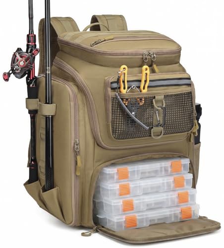 HAMBOLY Fishing Backpack 45L with Rod Holders, Water-Resistant Tackle Backpack for Fishermen, Large Capacity Fishing Gear Bag for Travel Hiking Camping - color: Brown (4 Tackle Boxes Included)