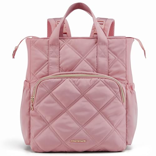 mommore Quilted Diaper Bag Backpack, Small Baby Bags, Lightweight Mini Diaper Backpack for Travel, with Insulated Pockets, Changing Pad (Pink) - color: Top Handle-pink