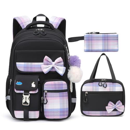 Alrisg Girls School Backpack Preppy Plaid Bookbag Lightweight Backpack for Girls Elementary Middle School Bow Black Set - color: Black, size: 17in Set