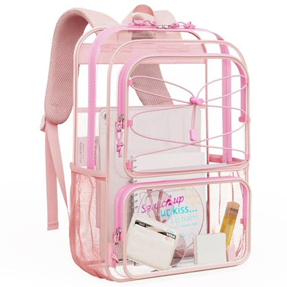 mommore Clear Backpack Heavy Duty Transparent Backpack Large See Through Bookbag for School - color: Pink