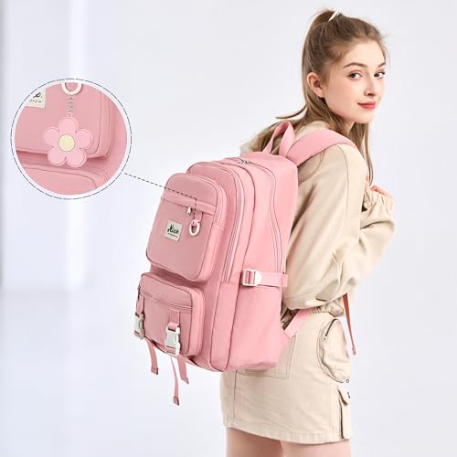 Laptop Backpack for Women College High Schoolbag Big Students Bookbags Large Multi pocket Travel Daypack Casual (Pink) - color: Pink