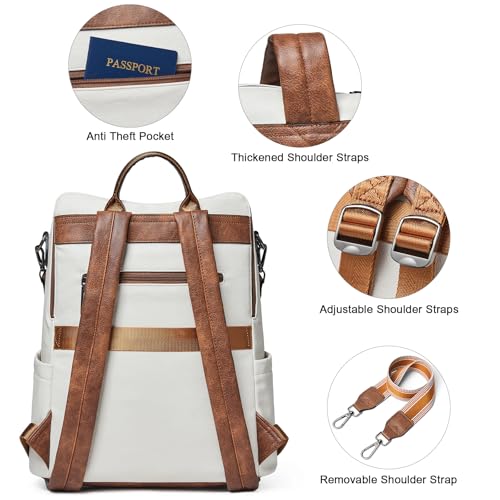 Shrrie 15.6 inch Laptop Backpack for Women,Large Leather Backpack Purse,Travel,Carry on,Water Resistant Casual Laptop Backpacks,College Backpack,Work Backpack for Women,Beige with Brown - color: Beige With Brown
