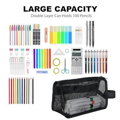 2-Pack Clear Mesh Pencil Case Pouch with Handle (Black) | Inside are visible, Single & double Layer combination, Various uses, Light weight, Robust quality