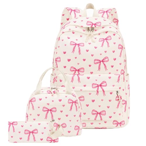 CAMTOP Girls Backpack with Lunch Box Set, Cute Bow School Backpack for Kids, 3-in-1 Lightweight Lunch Bag and Pencil Pouch - color: Beige Pink Heart