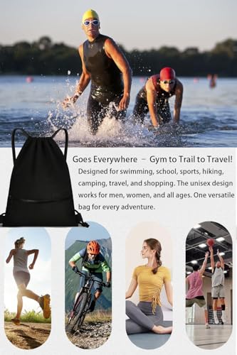 Water-Resistant String Bag for Women Men with Shoes Compartment and Zippered Pocket for Soccer, Basketball, Swim (Black, 16.5 * 19 inches) - color: Black