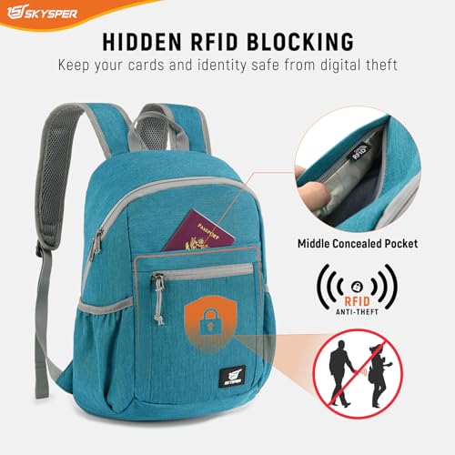 SKYSPER Anti Theft Hiking Backpack, 20L RFID Packable Travel Daypack, Lightweight Foldable Back Pack for Walking Daytrip - color: Cyan