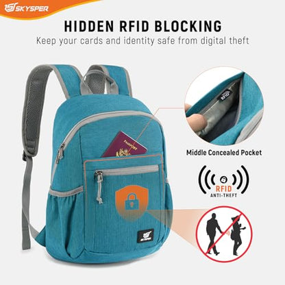 SKYSPER Anti Theft Hiking Backpack, 20L RFID Packable Travel Daypack, Lightweight Foldable Back Pack for Walking Daytrip - color: Cyan