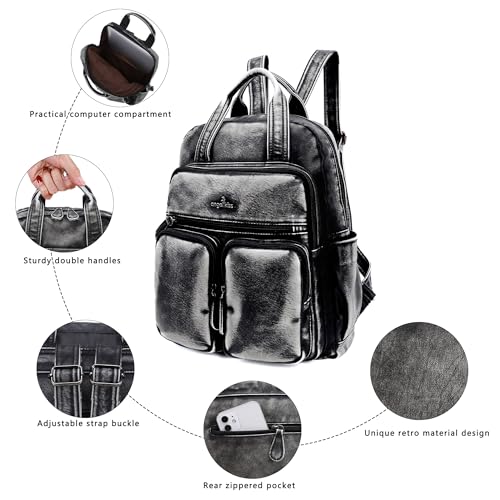 Angel Kiss Backpack Purse for Women Soft Washed Leather Multi Pocket Casual Travel Backpacks… - color: Retro-black