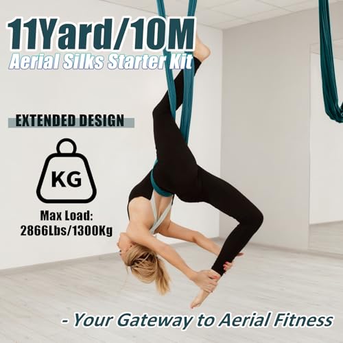 Aerial Silks Kit & Aerial Yoga Hammock - 11Yd Premium Fabric with Hardware - Easy Setup for Flying Yoga, Aerial Swing & Fitness - Supports Up to 14ft Rigging - color: Dark Green