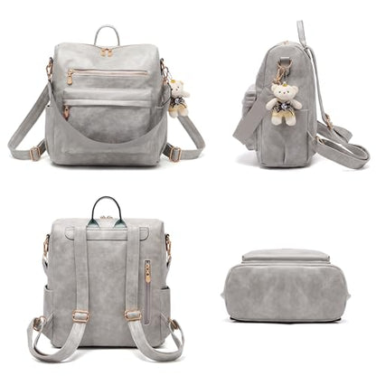 Soperwillton Women Backpack Purse Multipurpose Design Handbags Shoulder Bag PU Leather Travel bag Backpack Set 2pcs - color: Grey