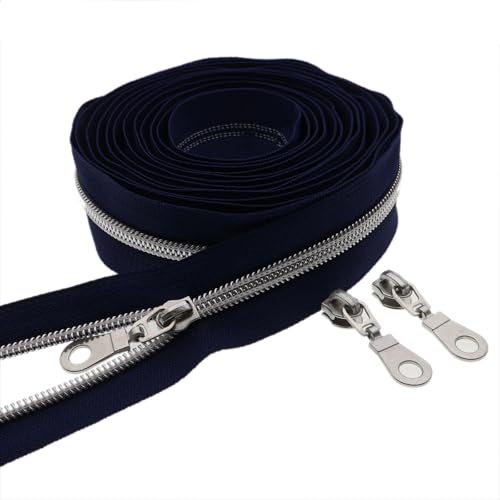 #5 Silver Metallic Nylon Coil Zippers by Yard Bulk Coil Zipper Roll 10 Yards with 25pcs Silver Pull for DIY Sewing Craft Bag(Navy Blue) YIGUANXIN - color: Navy Blue-Silver