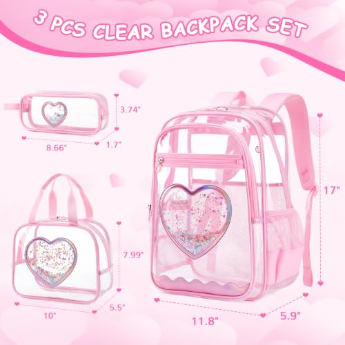 Clear Backpack for girls, 3PCS Heavy Duty Thick TPU Clear Bookbag, Transparent Bookbag Stadium Events, See Through Large Ergonomic Backpack for School Kids Women Travel Security College Concert - color: 3 Pcs Pink