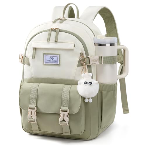 LOVEVOOK School Backpack for Teen Girls, Bookbag for 8-16 Student, Middle High College Back to School Cute Kids Backpack, 15.6 Inch, Green-beige - color: Green-beige, size: 15.6 Inch