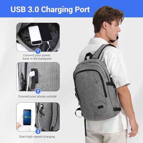Kono Travel Laptop Backpack with USB Charging Port, Business Anti Theft Slim Sturdy Personal Item Bag, Water Resistant College Computer Daypack for Men & Women Fits 15.6 Inch Notebook, Grey - color: Grey