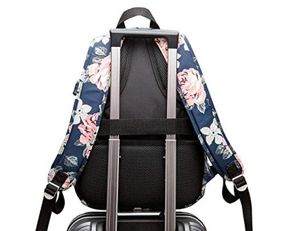 Kinmac Waterproof Laptop Travel Outdoor Backpack with USB Charging Port for 13 inch 14 inch and 15.6 inch Laptop（White Rose） - color: Pink Rose