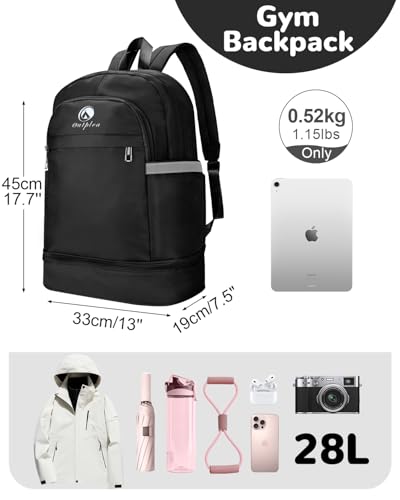 28L Small Gym Backpack with Shoe Compartment for Men, Lightweight Sports Backpack with Wet Pocket, Black - color: Black