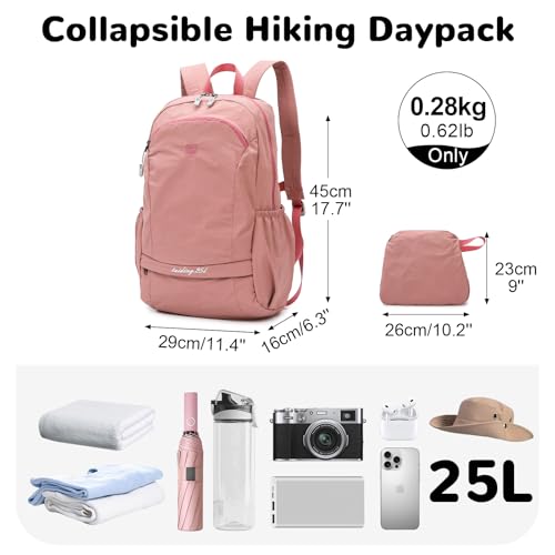 25L Pink Collapsible Hiking Backpack with Chest Strap for Women, Foldable Daypack with Waterproof Wet Pocket for Travel - color: Pink