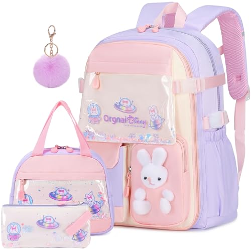 3pcs Girls Backpack With Lunch Box & Pencil Case,Cute Rabbit Kids School Backpack Set For Kindergarten & Elementary School (Style A Purple-16.5in) - color: Style A-purple