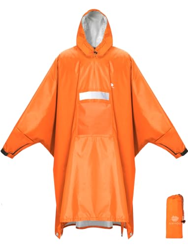 ANYOO Hooded Rain Poncho for Adults Waterproof Lightweight Rain Coat for Men Women Reusable Rain Jacket for Emergency Outdoor - color: Z-orange(with Zipper)