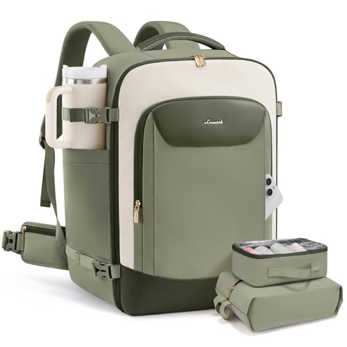 LOVEVOOK 56L Travel Backpack for Women Men with Load-Lifting Waist Belt, Medium Checked Backpack for Airplanes fits 18" Laptop, Waterproof Large Backpack Airline Approved with 2 Packing Cubes - color: Light Green-beige-olive Green, size: 56L-3Pcs