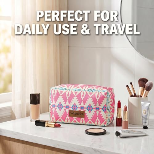 Montana West X Wrangler Travel Makeup Bag Waterproof Cosmetic Bag Portable Makeup Pouch for Women Large Toiletry Bag - color: Pink