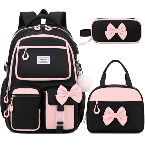 Bevalsa Backpack for Girls, Cute Bow School Bags for Kids with Lunch Bag & Pen Case, Bookbag for Girls Children Teens Elementary Middle Student, Back to School Gift with USB Charging Port - color: Black Pink