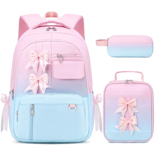 Bevalsa Backpack for Girls, Bow School Backpack for Kids with Lunch Bag & Pen Case, Cute Bookbag for Teens Girls Children for Elementary Middle High College Student, Back To School Gift (Pink Blue) - color: Pink Blue