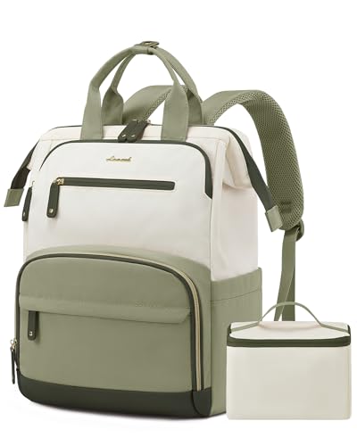 LOVEVOOK Lunch Backpack for Women, 15.6 Inch Laptop Bag with Insulated Cooler Lunch Box, Work Backpack for Teacher Nurse, Travel Backpack Lunch Bag for Camping Picnic Daily Use - color: Green-beige, size: 15.6 Inch