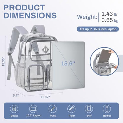 Clear Backpacks for School Heavy Duty Clear Bookbag Stadium Events Transparent Back Pack Kids, Grey - color: Grey