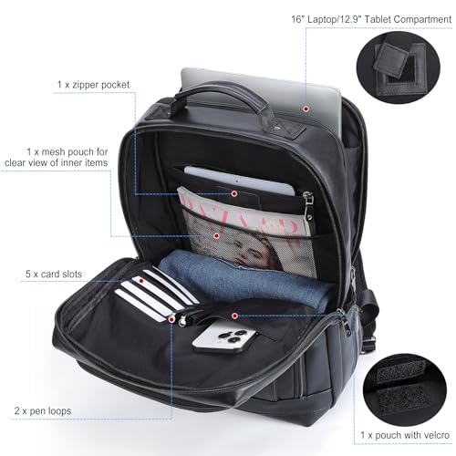 Masa Kawa Black Leather Laptop Backpack for Men Fits 16” 15.6” Computer, Business Travel Work Large Daypack Camping Weekender Bag - color: Black