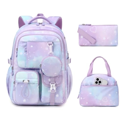 MOONBABY Girls Backpack, Kids Backpack for Girls, School bag for Primary Elementary Teenage, Middle School Students Bookbag - color: 3pcs-purple Cherry Blossom
